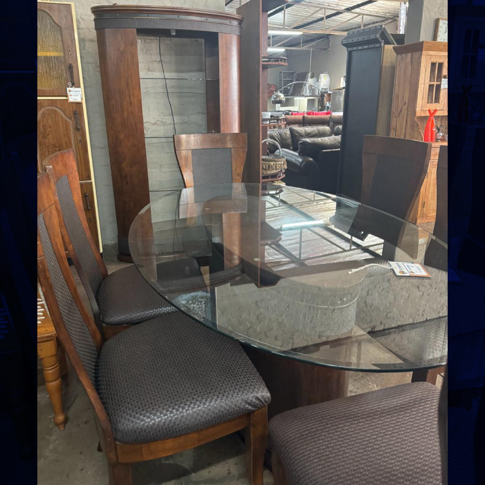 Table 6 Chairs + Server Oval Glass Top/Brown Kraaines Bloemfontein